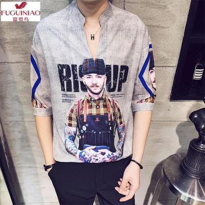 富贵鸟（FUGUINIAO）五分袖衬衫男士韩版套头大码中袖帅气短袖夏季潮流半袖印花衬衣潮