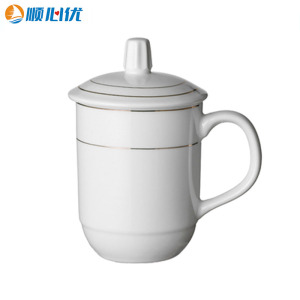 顺心优 陶瓷带盖金边新丰茶杯 400ml/个