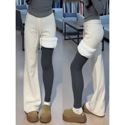 白色羊毛糯米裤子女冬新款加绒加厚休闲垂感小个子毛呢微喇裤_273