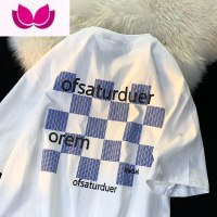 七斓棋盘格字母印花短袖t恤男美式复古高街潮牌宽松半袖体恤上衣