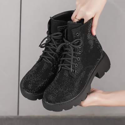 厚底烫钻棉靴女大头马丁靴秋冬新款复古短靴英伦时尚靴女鞋