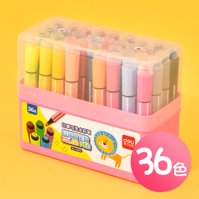 得力（deli）带印章可水洗水彩笔36色儿童学生12色彩色笔24色彩笔画图填色绘画送礼礼品（36色）印章水彩笔-粉色