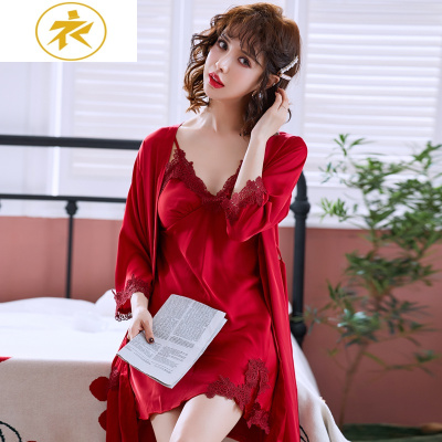 Ideamini新红色睡衣睡袍女春秋冰丝绸蕾丝吊带性感睡裙两件套晨袍家居服夏