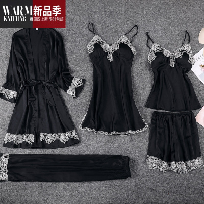 春秋睡衣女性感五件套装冰吊带睡裙带胸垫薄款睡袍家居服夏季SHANCHAO