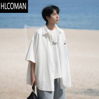 HLCOMANCityBoy日系叠穿纯色短袖衬衫男夏季新款休闲白色工装衬衣外套潮