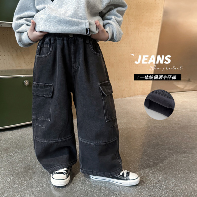 童酷男童冬款帅气贴袋拼接宝宝休闲裤一体绒保暖儿童牛仔裤潮