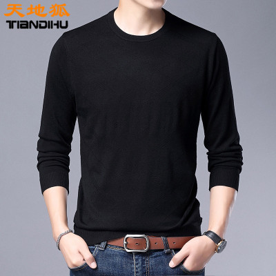 天地狐男装长袖体恤男春秋季中年男士圆领宽松薄针织衫爸爸含羊毛成份打底衫NZC1093-8832