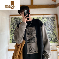 YANXU美式复古绒卫衣男款设计感拼接撞色长袖t恤潮牌印花衣服