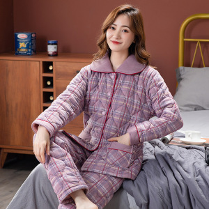 睡衣女款秋冬季新款针织夹棉三层加厚加绒中年妈妈保暖家居服套装