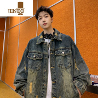 YANXU水洗做旧牛仔夹克男2023秋季新款款潮流破洞美式复古痞帅休闲外套