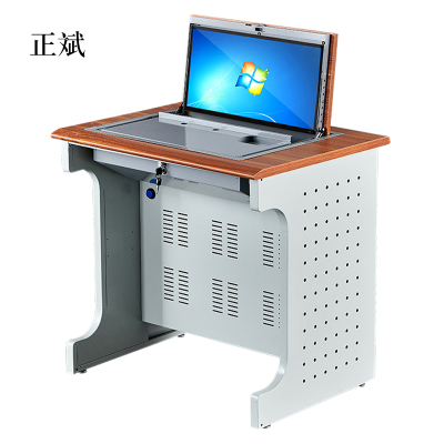 正斌单人翻转电脑桌双人培训桌学校多媒体教室考试桌机房嵌入式学生桌011胡桃色单人不含显示器