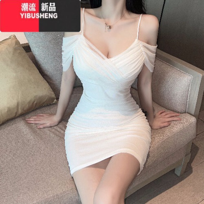 YIBUSHENG夜场上班衣服女装性感网纱吊带连衣裙褶皱露肩显身材修身包臀短裙