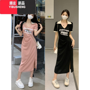 YIBUSHENG大码微胖polo休闲连衣裙女季新款T恤裙子胖mm遮肚显瘦A字裙长裙