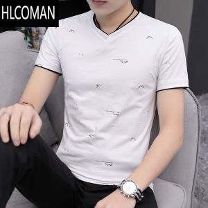 HLCOMAN冰感短袖T恤男士V领潮流体恤上衣服时尚夏装2025新款冰丝半袖