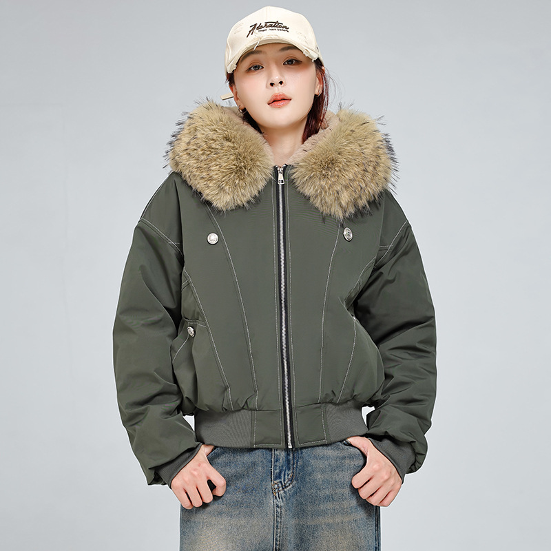 款欧洲站冬季新款连帽大毛领棉衣棉服时尚百搭棉袄女外套