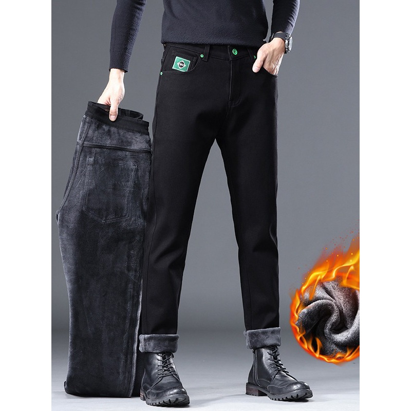 春秋新款加绒品质牛仔裤男抗皱易打理修身小直筒裤黑色舒适长裤子