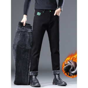 春秋新款加绒品质牛仔裤男抗皱易打理修身小直筒裤黑色舒适长裤子