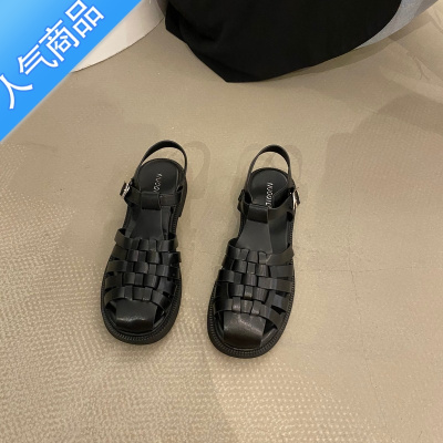 SUNTEK法式平底复古编织仙女鞋子2023新款夏季黑色日系小众包头罗马凉鞋