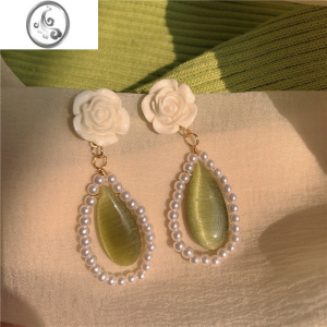 JiMi法式复古绿眼石耳钉~温柔珍珠山茶花玫瑰水滴耳环女春季耳夹