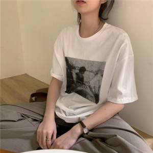 时尚圆领印花大码短袖T恤女夏季韩版宽松打底衫上衣女装