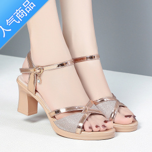 SUNTEK亮皮网纱高跟鞋一字带凉鞋女夏季2023新款粗跟女士鱼嘴百搭妈妈鞋