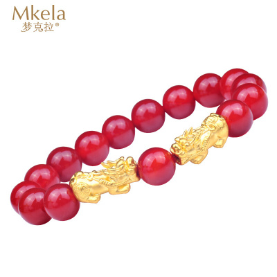梦克拉Mkela红玛瑙3D硬金貔貅手链天禄貔貅双貔貅红玛瑙女款手链手链黄金足金通用动物