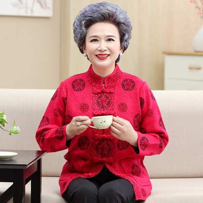 恋名媛中老年妈妈秋冬本命年红色毛衣外套老奶奶婚礼唐装女毛针织开衫妈妈装