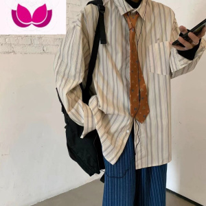 七斓日系复古潮牌宽松条纹长袖衬衫男女ins设计感小众叠穿衬衣