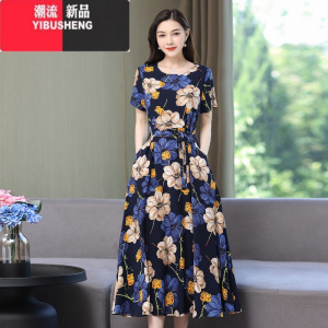 YIBUSHENG高端气质绸连衣裙女新款妈妈大码女装季中老年短袖宽松长裙