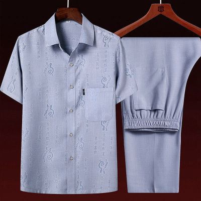 品牌好货-中年短袖衬衫男薄款套装爸爸夏装中老年衬衣夏季半袖上衣爷爷衣服