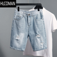 HLCOMAN夏季薄破洞牛仔5分短裤男浅色刮烂乞丐中裤子潮牌宽松直筒五分裤
