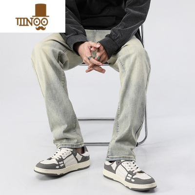 YANXU夏款美式新款水洗做旧黄泥染牛仔长裤男潮阔腿高街直筒宽松休闲裤