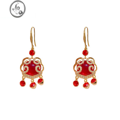 JiMi精致绝美红色平安锁流苏耳环女2023新款小众设计感高级耳钩款