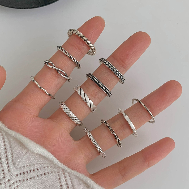 s925银复古组合细戒指女时尚个性ins嘻哈小众冷淡风食指戒送女朋友老婆情人节七夕生日礼物