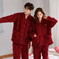 情侣睡衣秋冬季珊瑚绒本命年喜庆结婚大红色一男士一女家居服套装_592