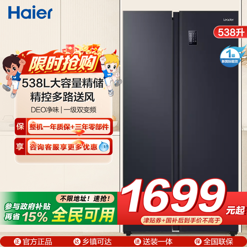 统帅(leader)海尔出品 538升对开门冰箱 DEO净味 一级双变频 超薄嵌入冰箱 BCD-538WGLSSEDBX