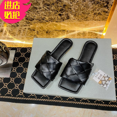 金三志沙滩拖鞋女懒人外穿2021年夏季新款方头编织时尚旅游白色凉鞋平底凉鞋