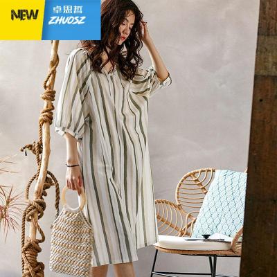 睡衣睡裙女条纹七分袖休闲v领中长款可外穿春家居服卓思哲