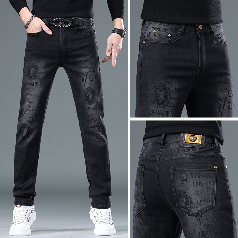 欧货印花牛仔裤男秋冬新款潮牌潮流修身小直筒休闲牛仔长裤子