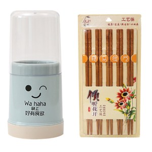 带盖防尘筷子笼家用厨房塑料带沥水盘筷子筒台面立式餐具收纳 敬平 北欧蓝+10双精品竹筷筷笼