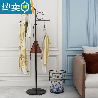 敬平简易衣架家用落地网红挂衣架小型衣帽架卧室客厅阳台晾衣架衣服架 猫耳款黑色+黑白根+5个黑色衣架