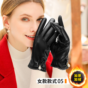 啄木鸟皮手套女冬季骑车加绒加厚防水防风触屏冬天骑行电动车保暖