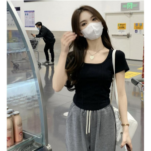 方领T恤女装夏季韩版新款辣妹风设计感修身显瘦短款短袖上衣