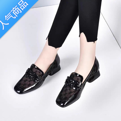 SUNTEK2023年夏季新款网纱透气单鞋女百搭英伦风镂空一脚蹬粗跟乐福鞋女