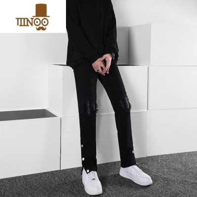 YANXU高街牛仔裤男士修身百搭潮牌黑色弹力裤子嘻哈假破洞补丁长裤男裤
