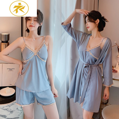 Ideamini带胸垫睡衣女夏季冰丝性感薄款三件套小胸吊带短裤春秋睡袍两件套