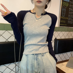 设计感撞色半开领修身显瘦长袖T恤女装早秋新款百搭学生上衣
