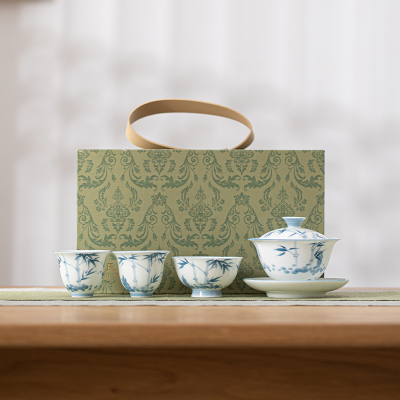 苏氏陶瓷(SUSHI CERAMICS)手绘画青竹羊脂玉瓷盖碗小套组非遗老师苏爱珍作品