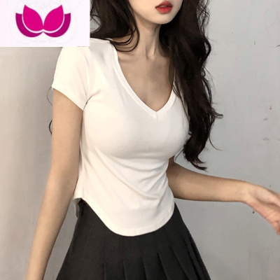 七斓大码女装遮肚子性感V领短袖T恤上衣夏季修身胖MM短款不规则打底衫
