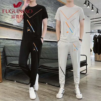 富贵鸟（FUGUINIAO）运动套装男2021春夏季新款短袖t恤夏季帅气潮流韩版搭配休闲一套